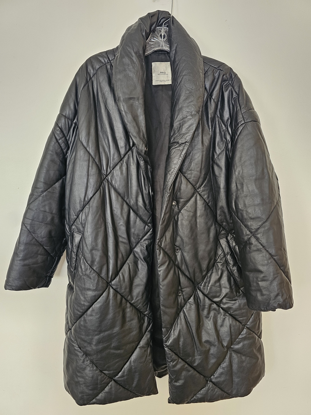 Mango Black Quilted Natural-Leather Puffer Coat